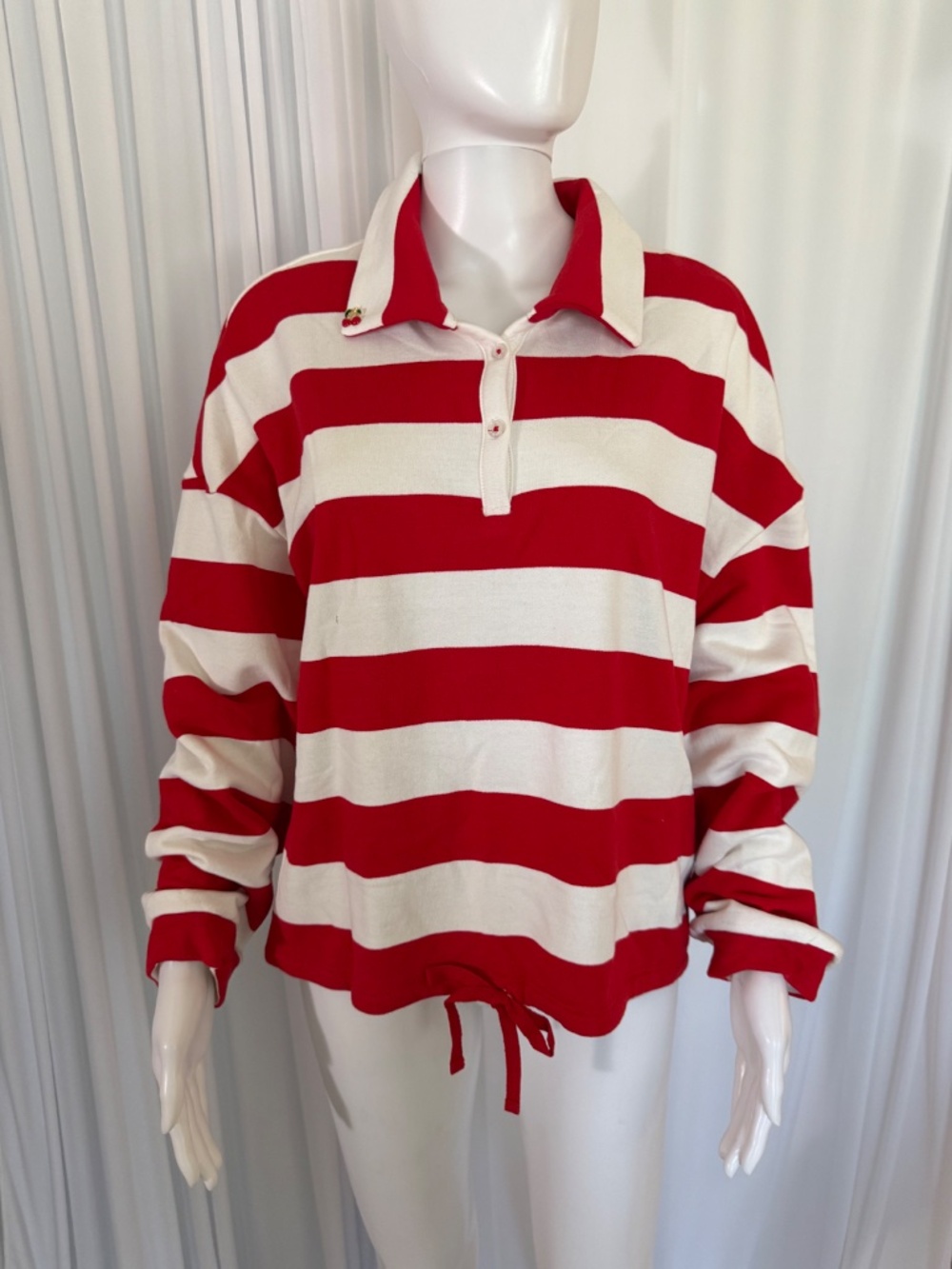G by Giuliana Striped Rugby Polo Top Cherry Detail Red White Pullover NWOT | XL - Picture 2 of 16